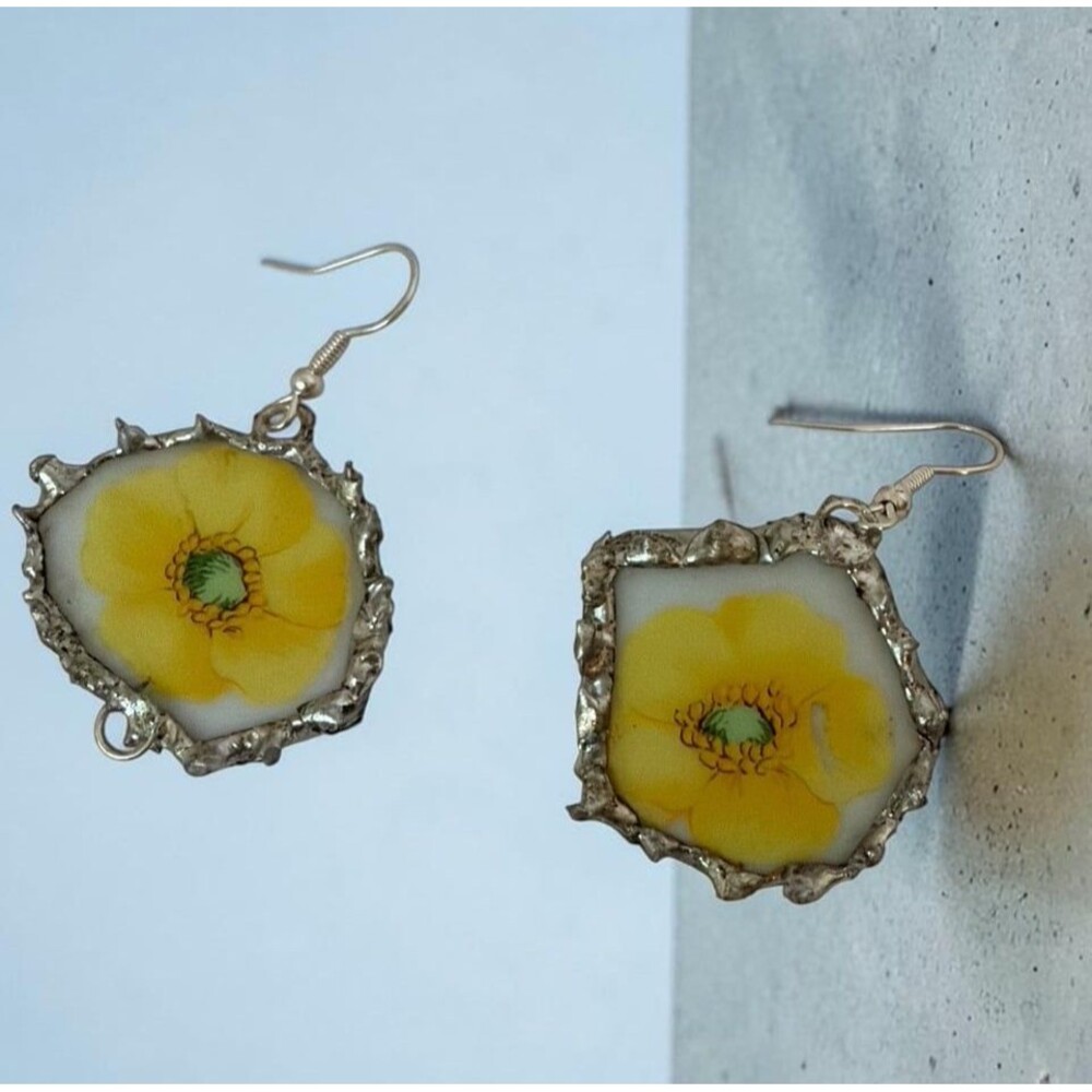 Handmade Silver Plated Yellow Flower Broken China Earrings